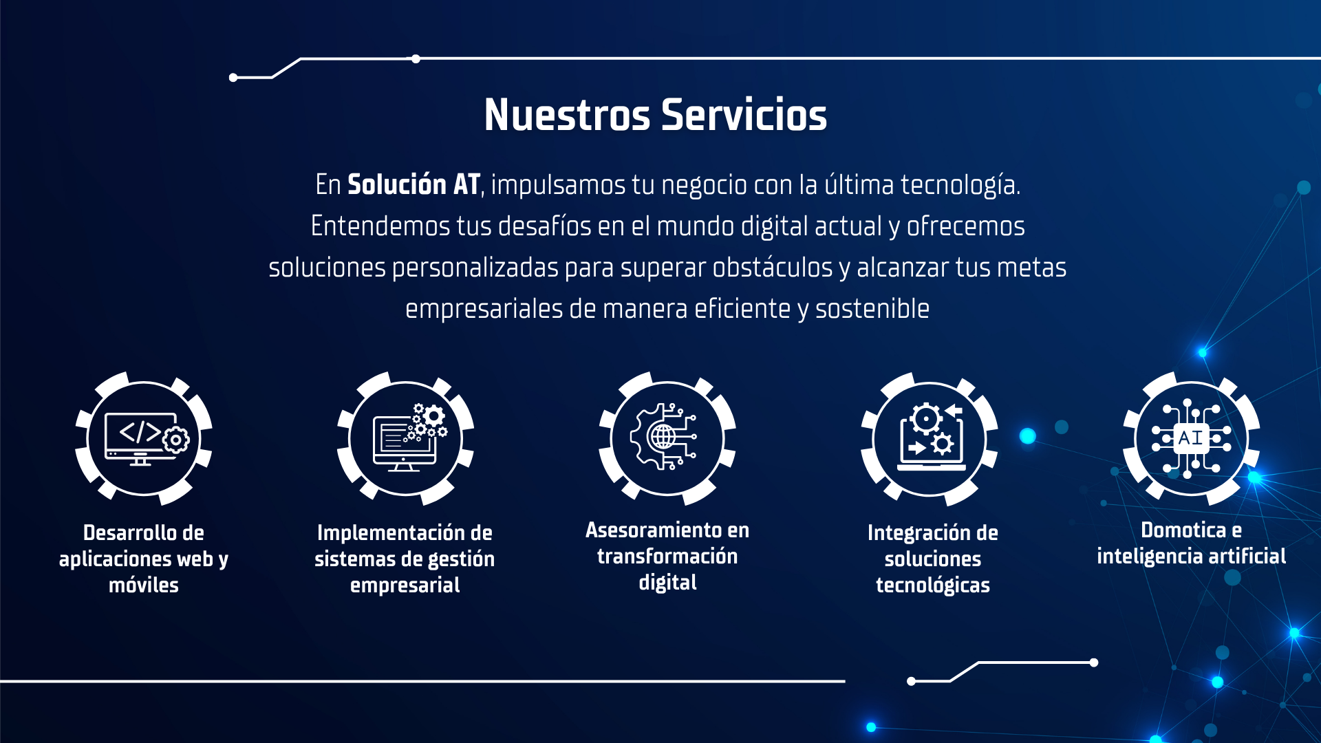 En Solución AT, impulsamos tu negocio con la última tecnología. Entendemos tus desafíos en el mundo digital actual y ofrecemos soluciones personalizadas para superar obstáculos y alcanzar tus metas empresariales de manera eficiente y sostenible